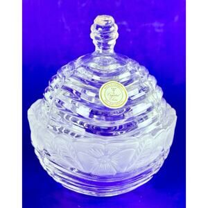 Germany Crystal Clear Candy Bowl Dish w/ lid Frosted Floral Rim VTG